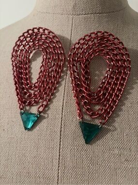 Red Chain Statement Earings with Emerald Triangle Pendant